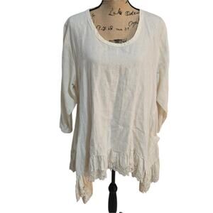 Heart's Desire by Mary Grace White Raw Linen and Lace Boho Tunic‎ Size Medium